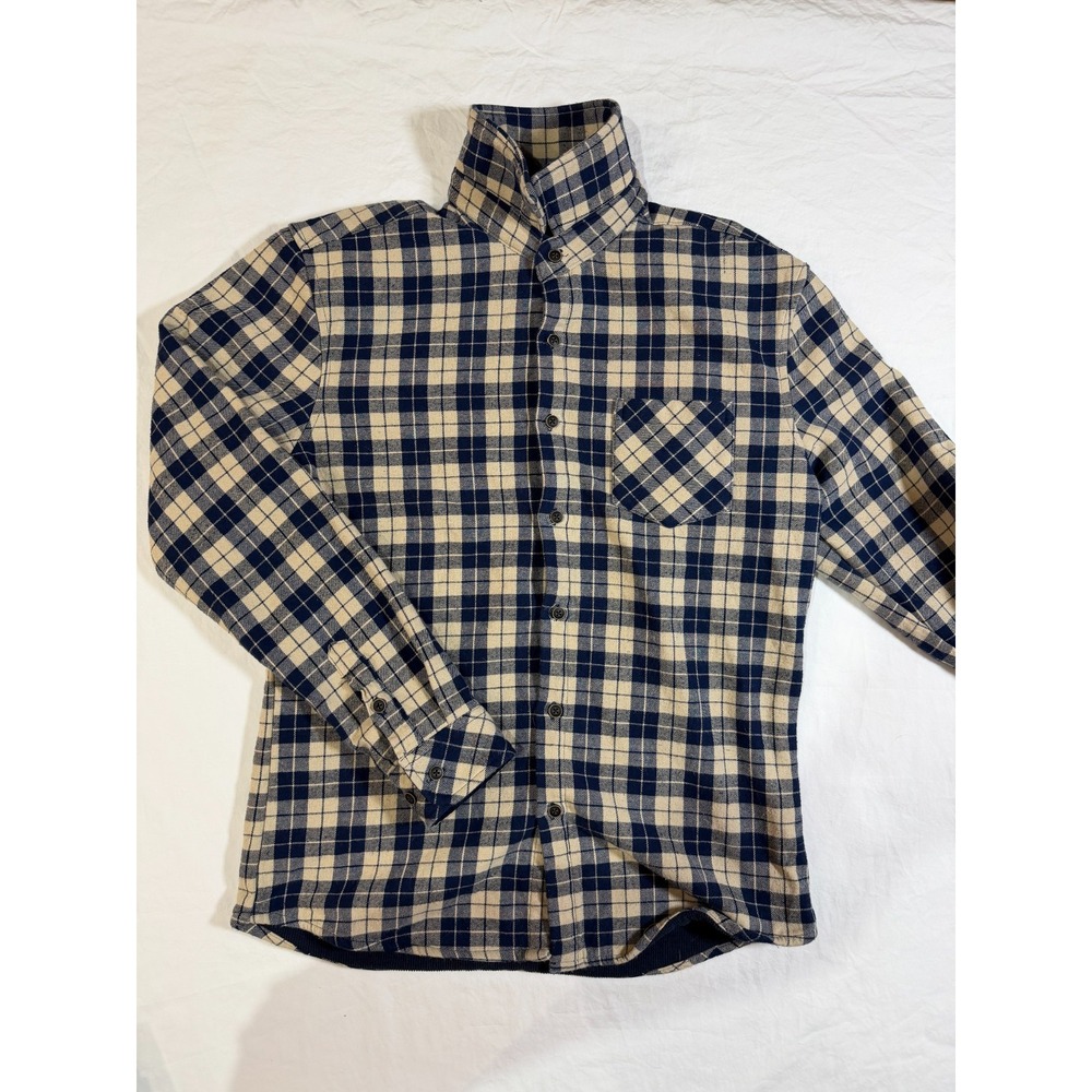 Nomad Cotton On Mens Medium Navy‎ Blue Cream Plaid Flannel Button Down Shirt